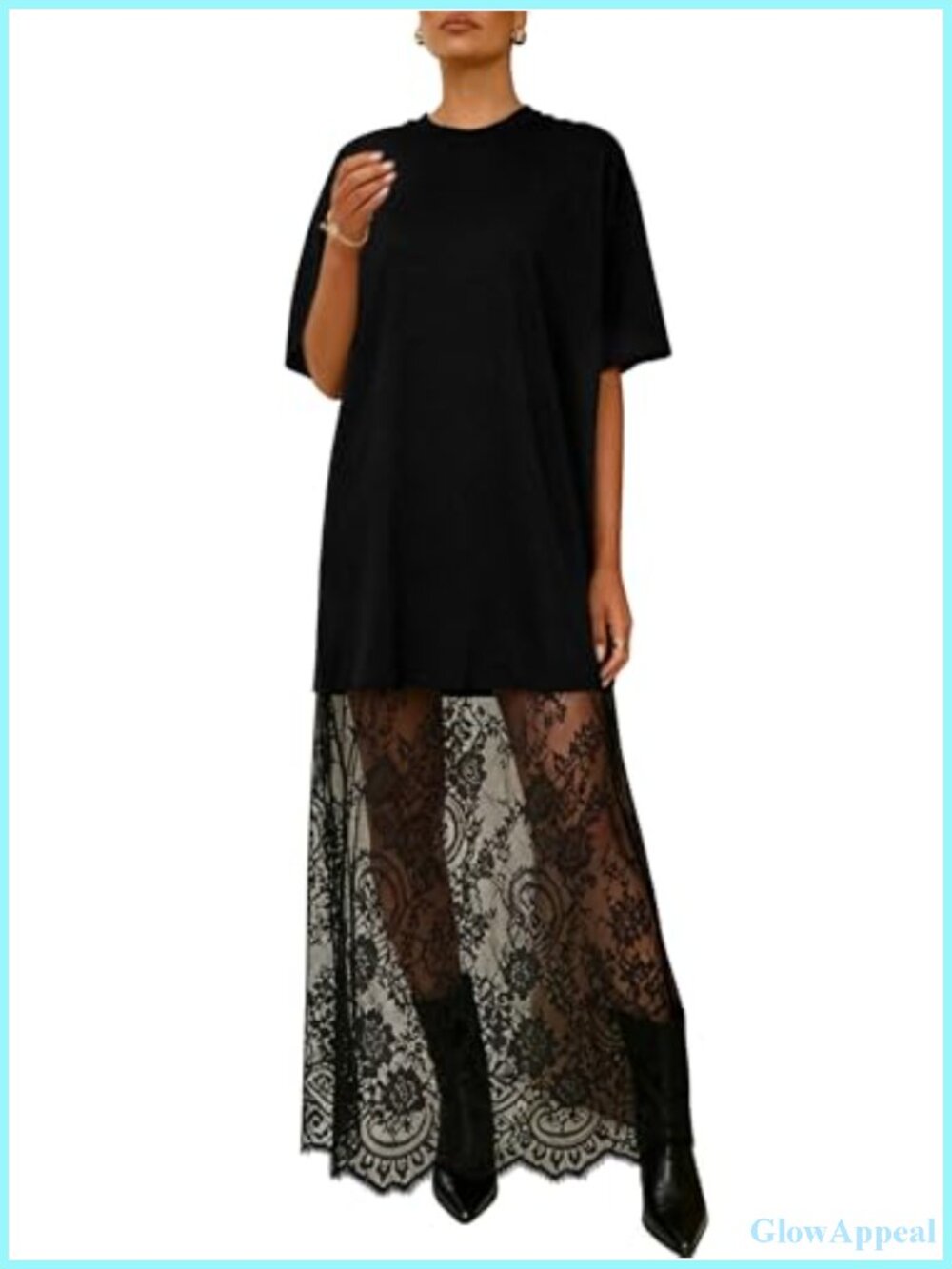Lace Patchwork Maxi Dress Short Sleeve Crewneck Casual Long Dress
